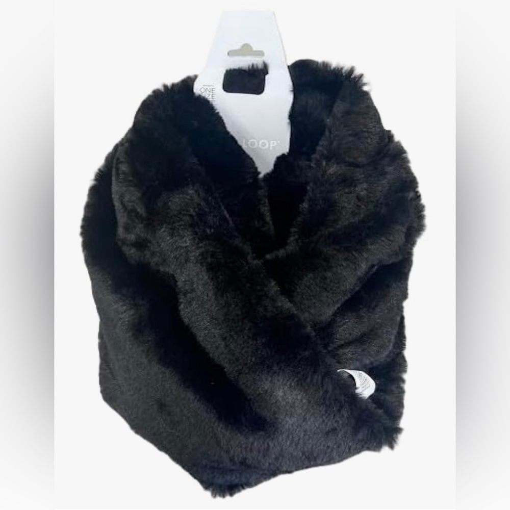 West Loop Women's Black Faux Fur Scarf Warm Plush Double Loop Style, Black, One